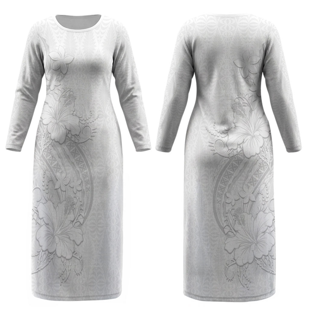 Tokelau White Sunday Couples Matching Long Sleeve Bodycon Dress and Long Sleeve Button Shirt Elegant Hibiscus Polynesian Tribal Pattern