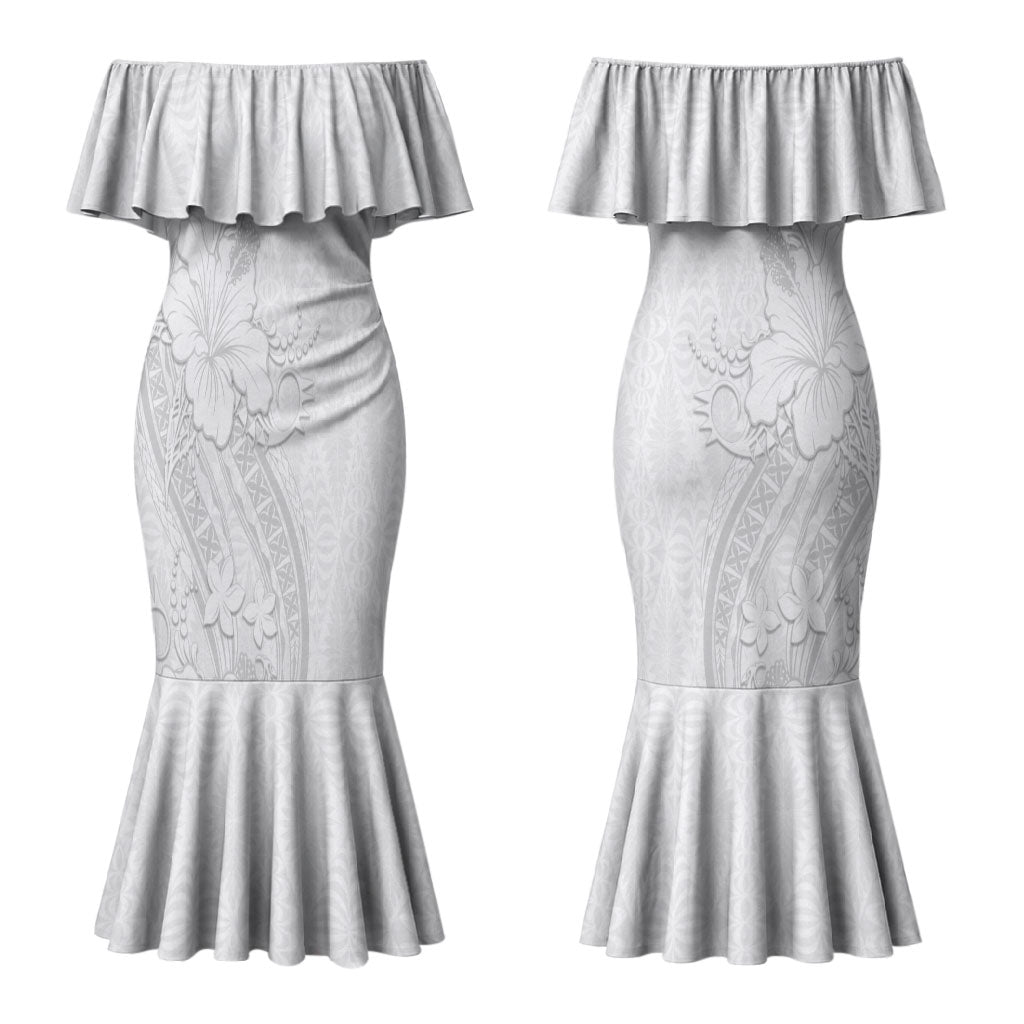 Tokelau White Sunday Couples Matching Mermaid Dress and Hawaiian Shirt Elegant Hibiscus Polynesian Tribal Pattern