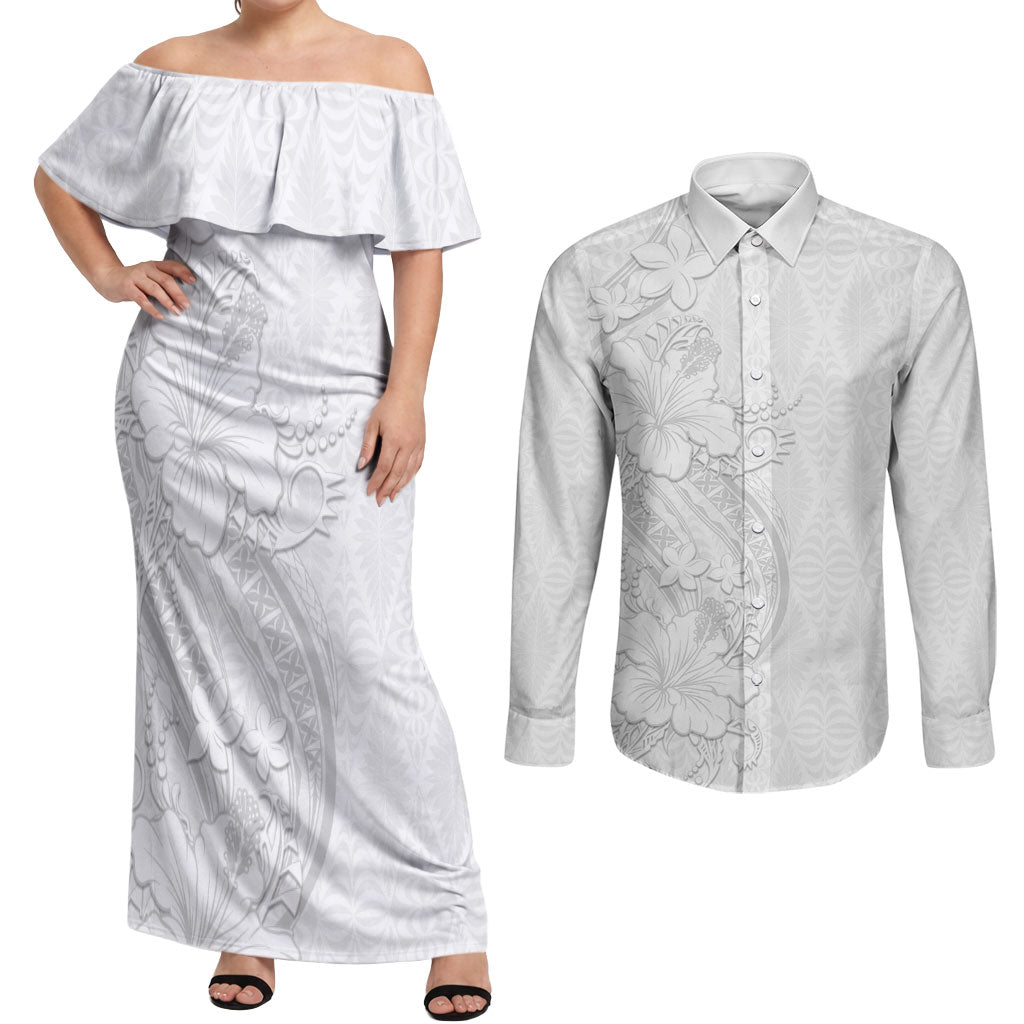 Tokelau White Sunday Couples Matching Off Shoulder Maxi Dress and Long Sleeve Button Shirt Elegant Hibiscus Polynesian Tribal Pattern