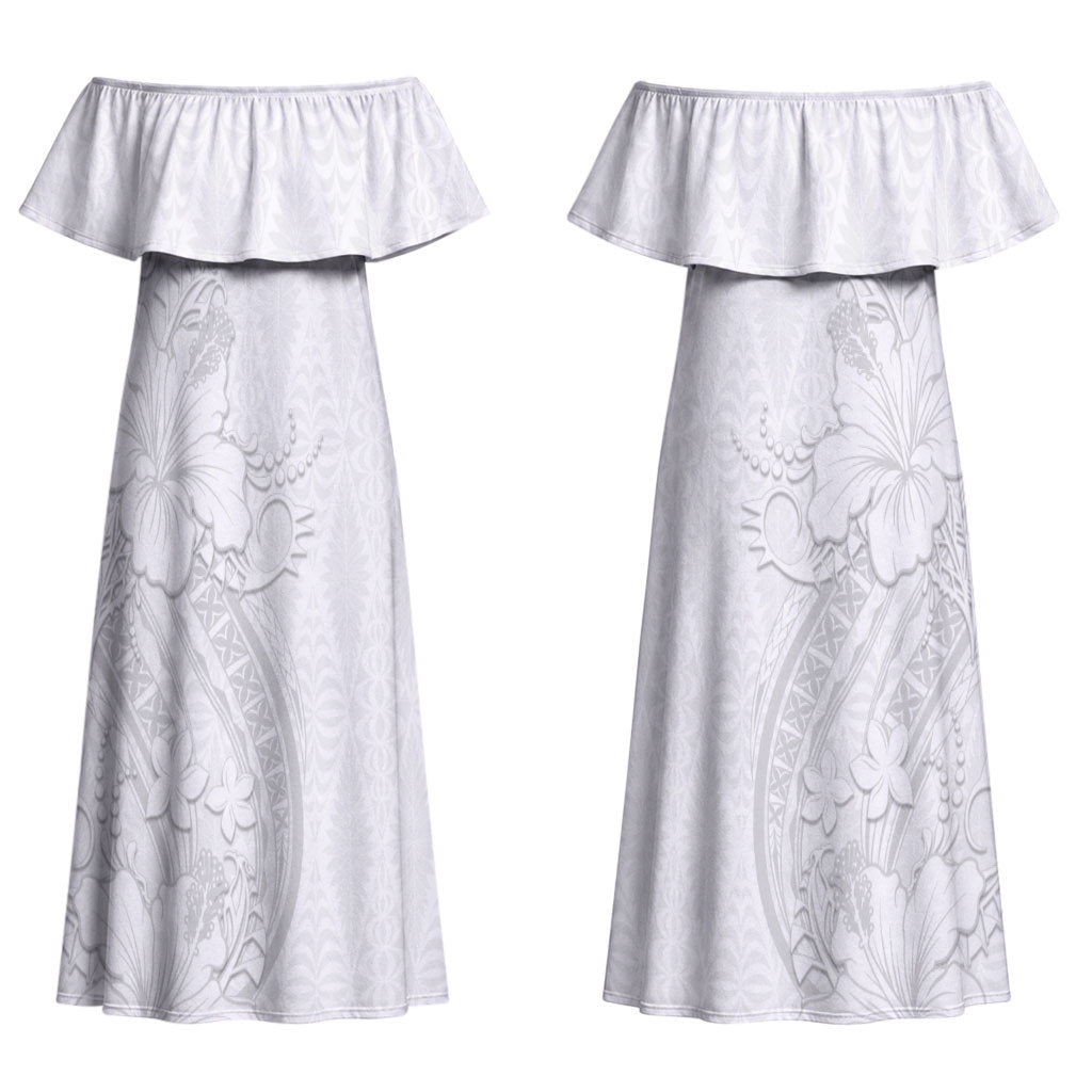 Tokelau White Sunday Couples Matching Off Shoulder Maxi Dress and Long Sleeve Button Shirt Elegant Hibiscus Polynesian Tribal Pattern
