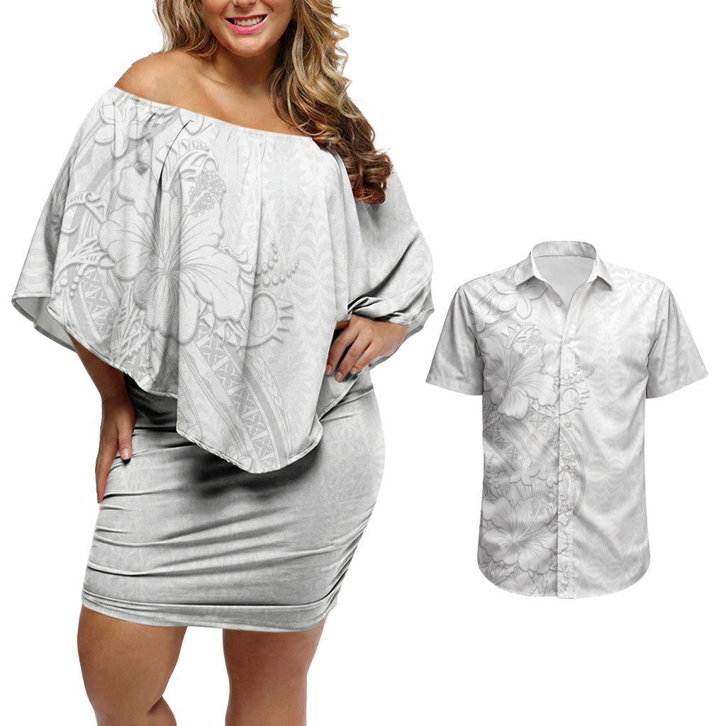 Tokelau White Sunday Couples Matching Off Shoulder Short Dress and Hawaiian Shirt Elegant Hibiscus Polynesian Tribal Pattern