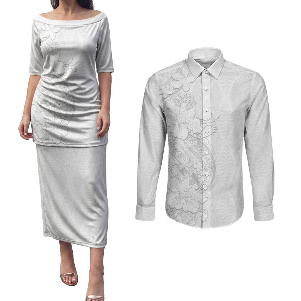 Tokelau White Sunday Couples Matching Puletasi and Long Sleeve Button Shirt Elegant Hibiscus Polynesian Tribal Pattern