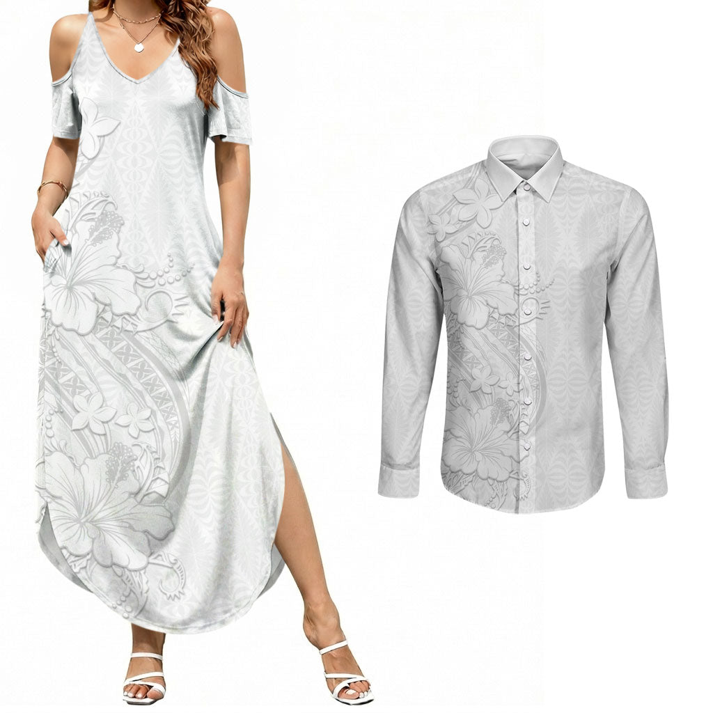 Tokelau White Sunday Couples Matching Summer Maxi Dress and Long Sleeve Button Shirt Elegant Hibiscus Polynesian Tribal Pattern