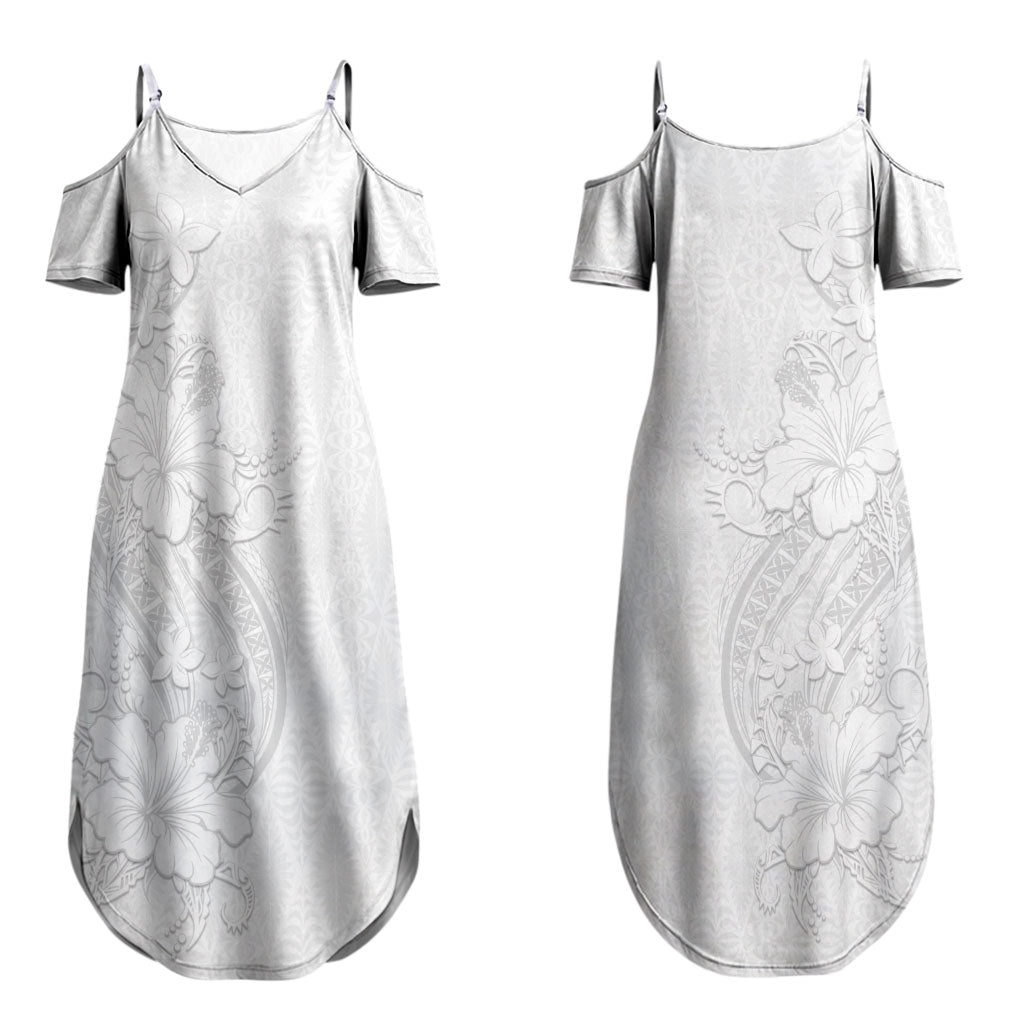 Tokelau White Sunday Couples Matching Summer Maxi Dress and Long Sleeve Button Shirt Elegant Hibiscus Polynesian Tribal Pattern