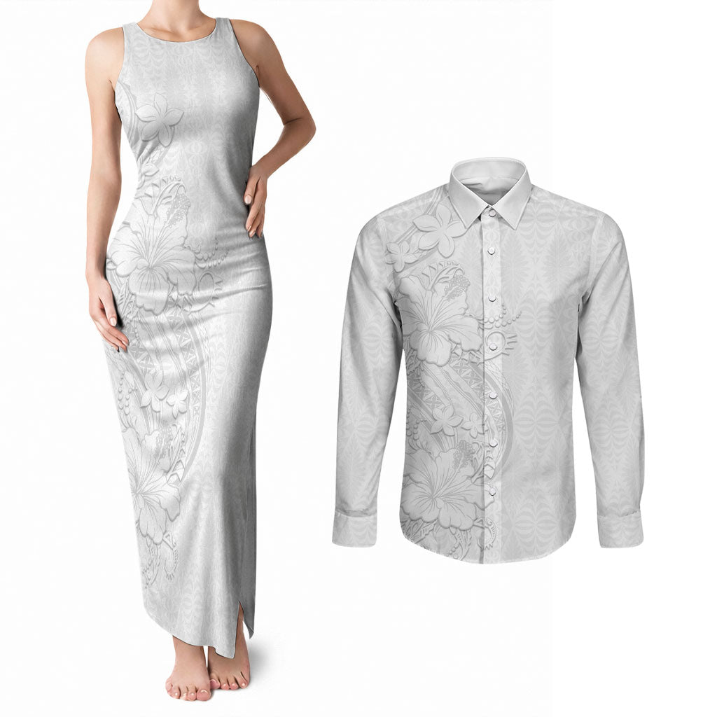 Tokelau White Sunday Couples Matching Tank Maxi Dress and Long Sleeve Button Shirt Elegant Hibiscus Polynesian Tribal Pattern