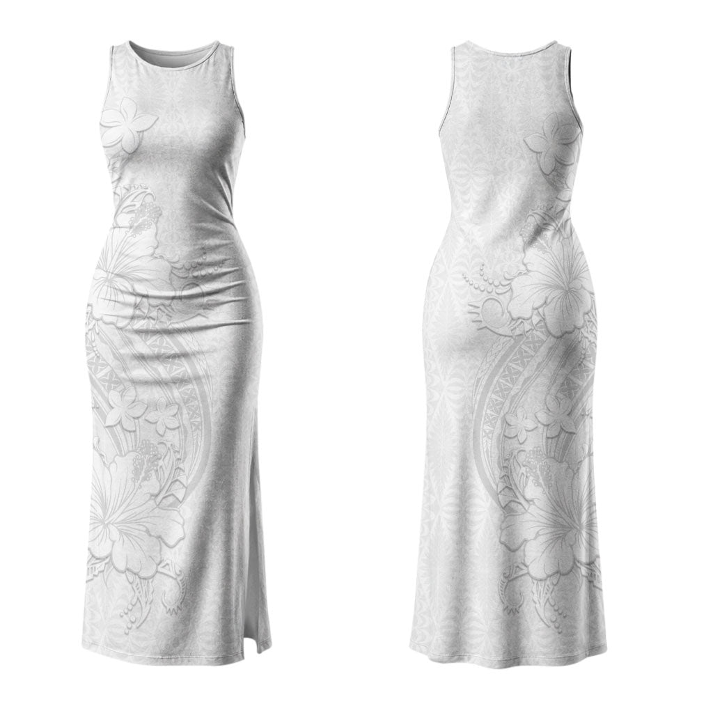 Tokelau White Sunday Couples Matching Tank Maxi Dress and Long Sleeve Button Shirt Elegant Hibiscus Polynesian Tribal Pattern