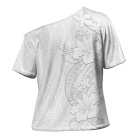Tokelau White Sunday Cross Shoulder Shirt Elegant Hibiscus Polynesian Tribal Pattern