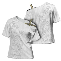 Tokelau White Sunday Cross Shoulder Shirt Elegant Hibiscus Polynesian Tribal Pattern