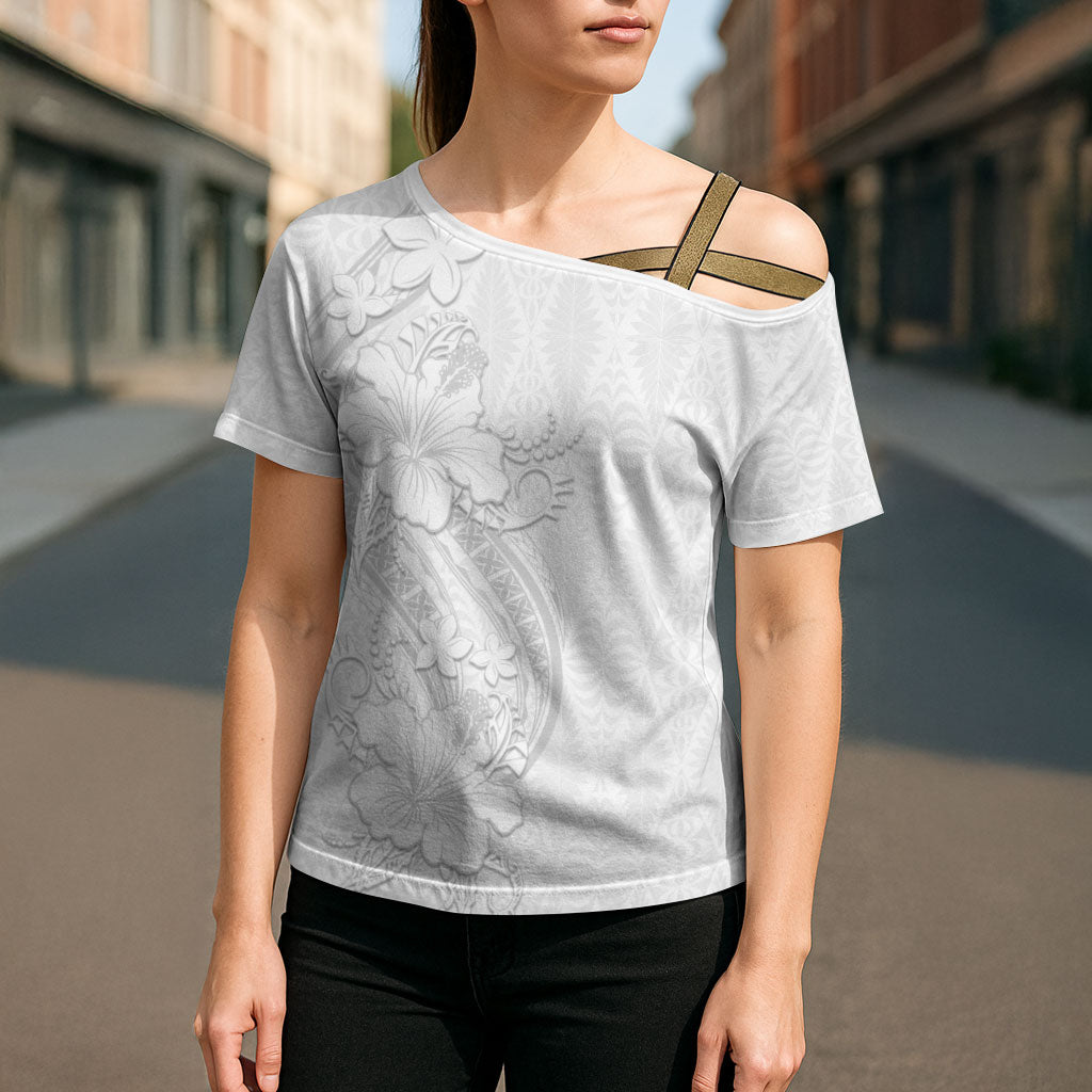 Tokelau White Sunday Cross Shoulder Shirt Elegant Hibiscus Polynesian Tribal Pattern