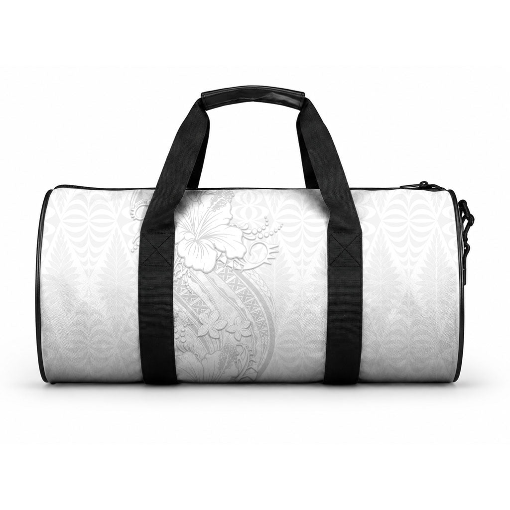 Tokelau White Sunday Duffle Bag Elegant Hibiscus Polynesian Tribal Pattern