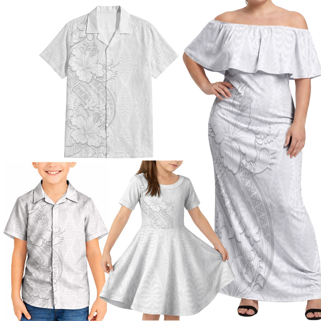 Tokelau White Sunday Family Matching Off Shoulder Maxi Dress and Hawaiian Shirt Elegant Hibiscus Polynesian Tribal Pattern