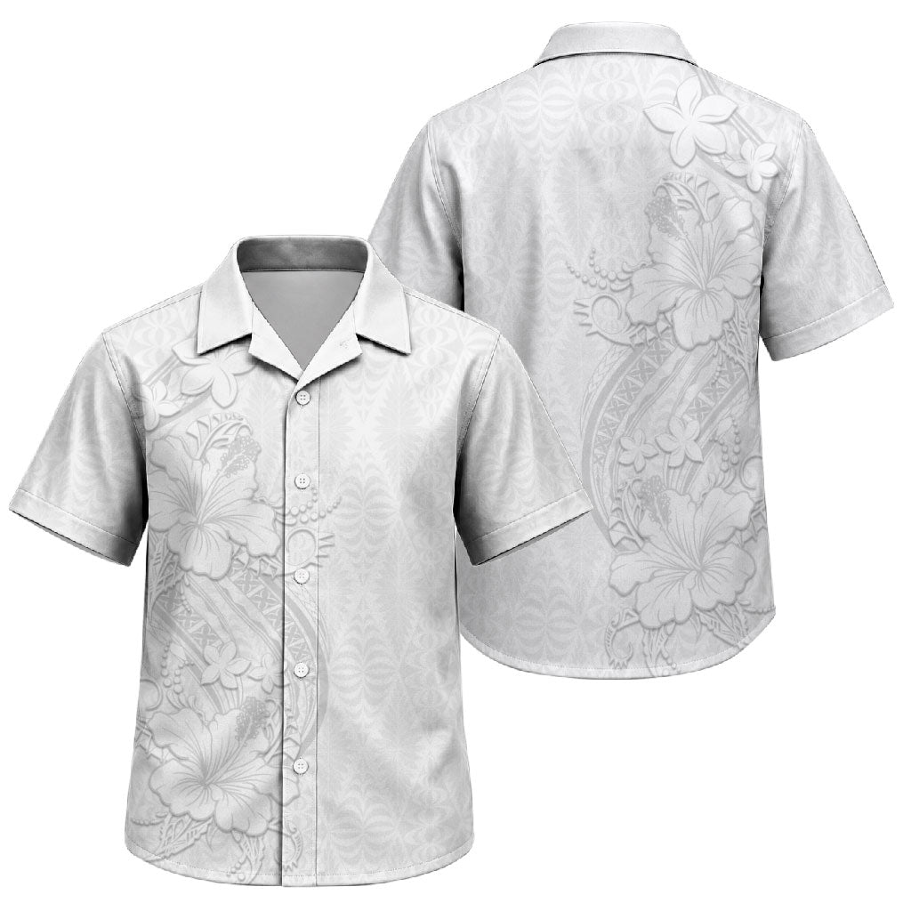Tokelau White Sunday Family Matching Off Shoulder Short Dress and Hawaiian Shirt Elegant Hibiscus Polynesian Tribal Pattern