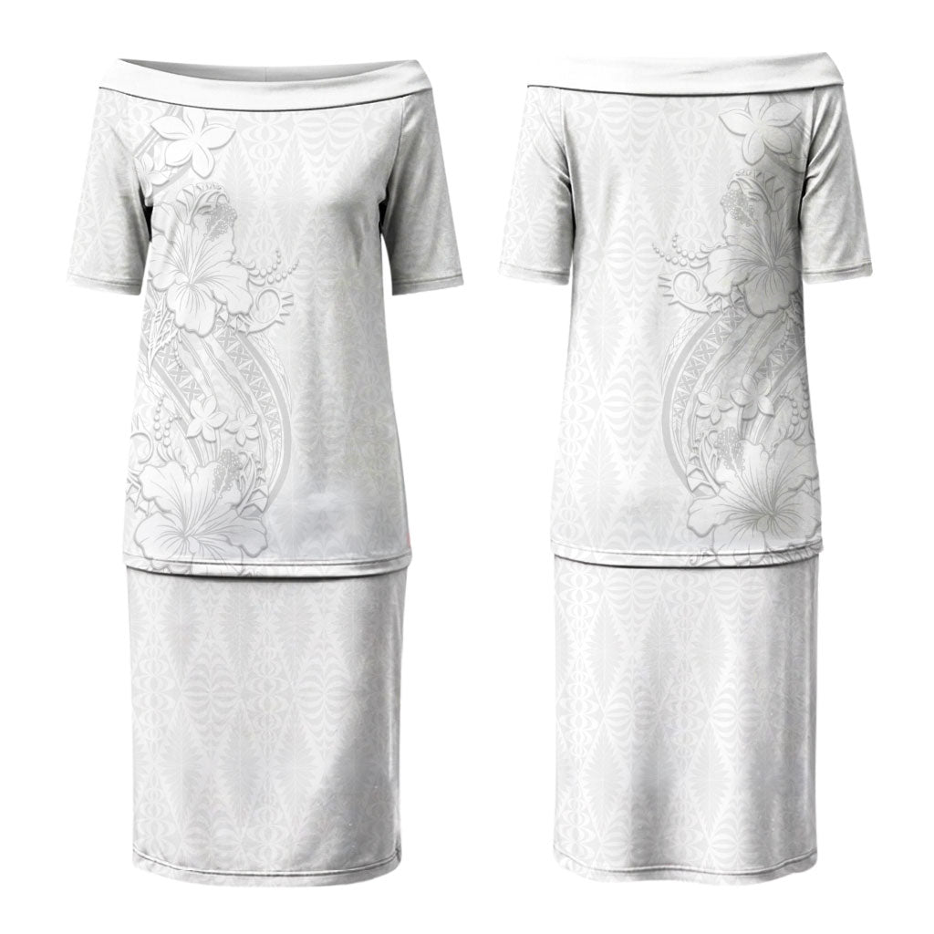 Tokelau White Sunday Family Matching Puletasi and Hawaiian Shirt Elegant Hibiscus Polynesian Tribal Pattern