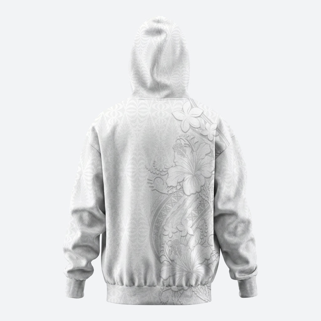 Tokelau White Sunday Hoodie Elegant Hibiscus Polynesian Tribal Pattern
