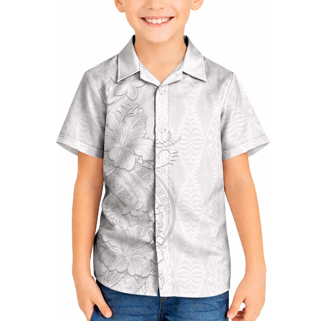 Tokelau White Sunday Kid Hawaiian Shirt Elegant Hibiscus Polynesian Tribal Pattern