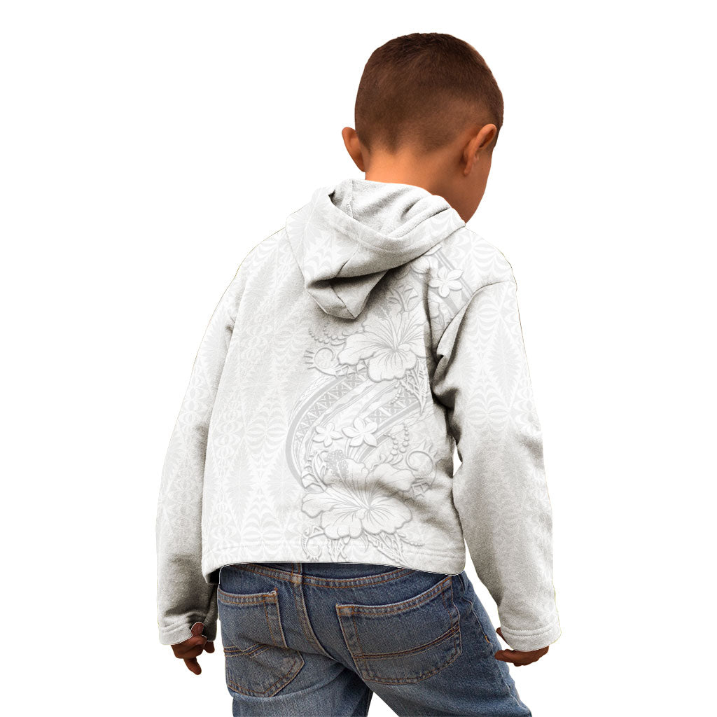 Tokelau White Sunday Kid Hoodie Elegant Hibiscus Polynesian Tribal Pattern