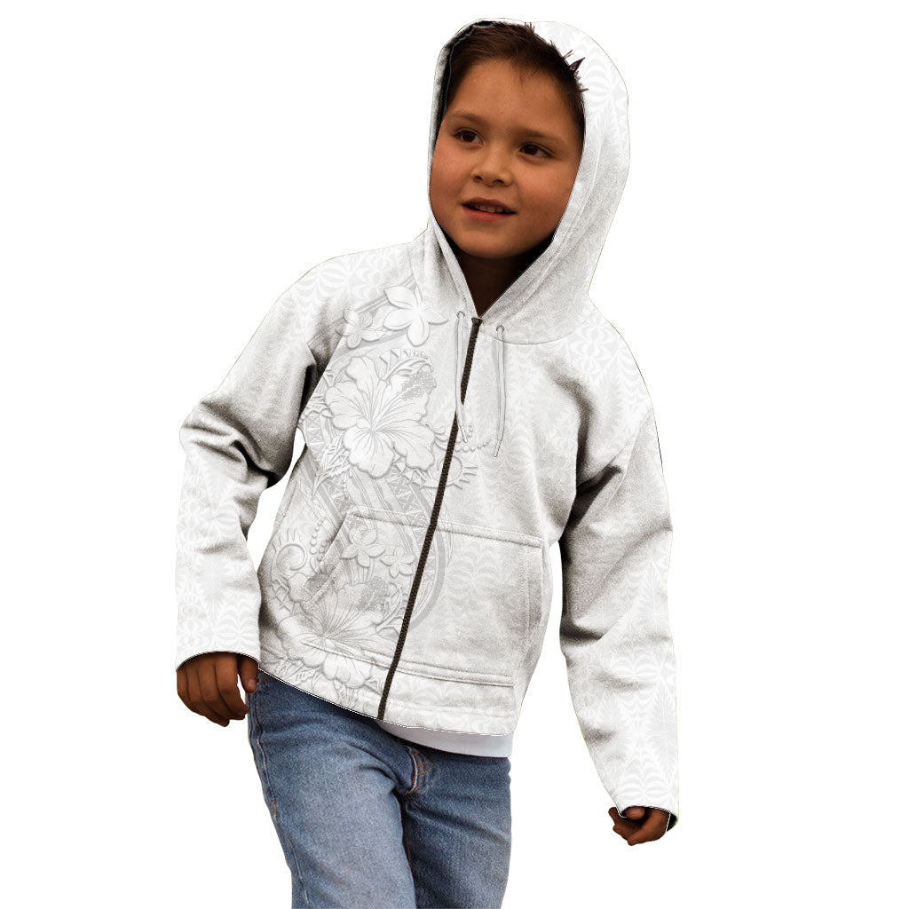 Tokelau White Sunday Kid Hoodie Elegant Hibiscus Polynesian Tribal Pattern