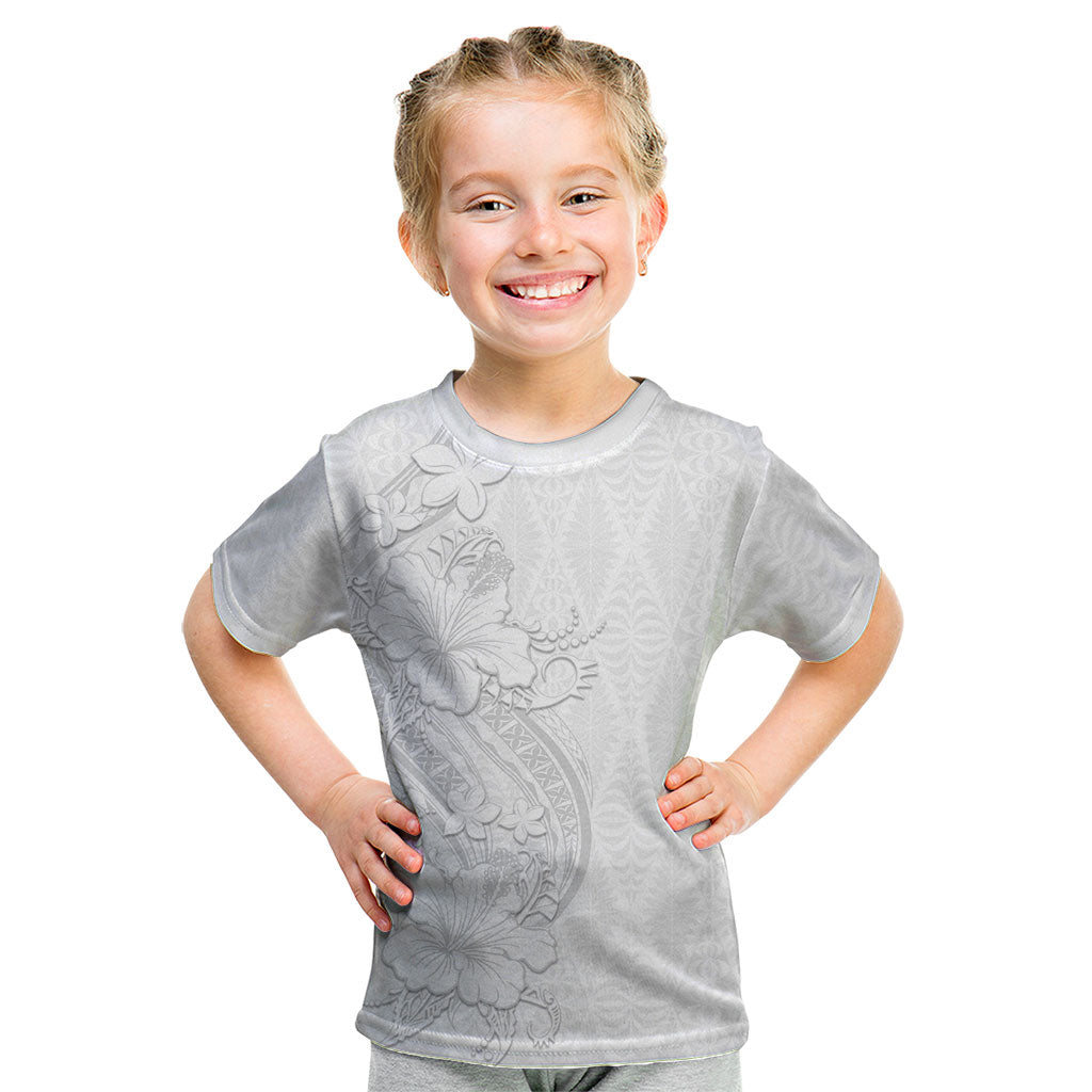 Tokelau White Sunday Kid T Shirt Elegant Hibiscus Polynesian Tribal Pattern