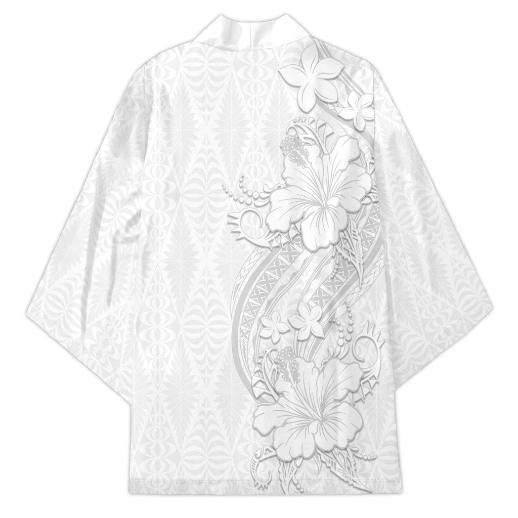 Tokelau White Sunday Kimono Elegant Hibiscus Polynesian Tribal Pattern