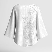 Tokelau White Sunday Kimono Sleeve Blouse Elegant Hibiscus Polynesian Tribal Pattern