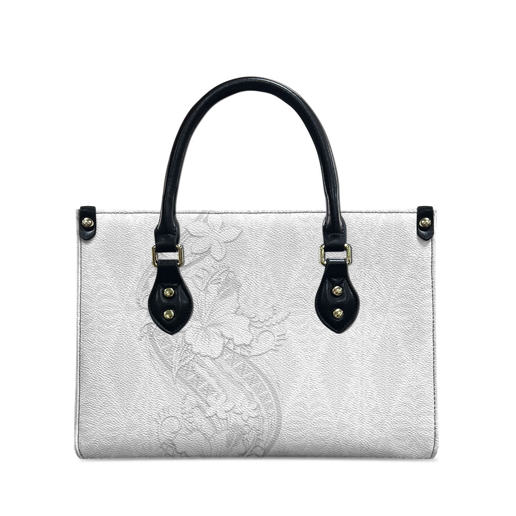 Tokelau White Sunday Leather Bag Elegant Hibiscus Polynesian Tribal Pattern