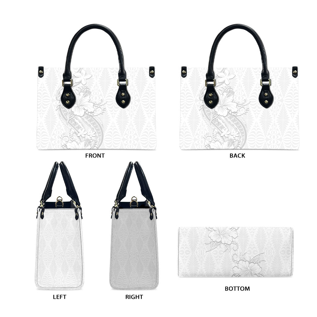 Tokelau White Sunday Leather Bag Elegant Hibiscus Polynesian Tribal Pattern