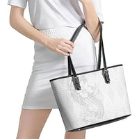 Tokelau White Sunday Leather Tote Bag Elegant Hibiscus Polynesian Tribal Pattern