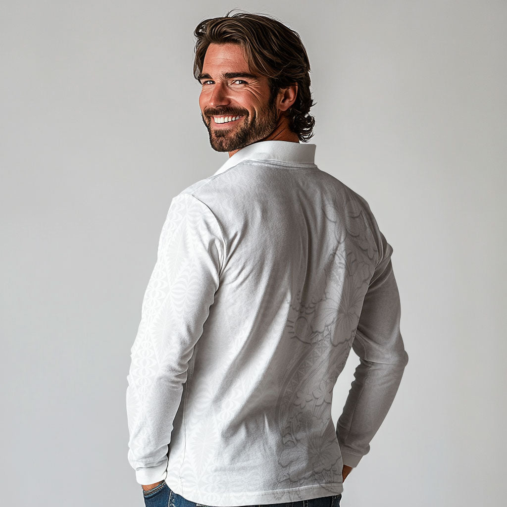 Tokelau White Sunday Long Sleeve Polo Shirt Elegant Hibiscus Polynesian Tribal Pattern