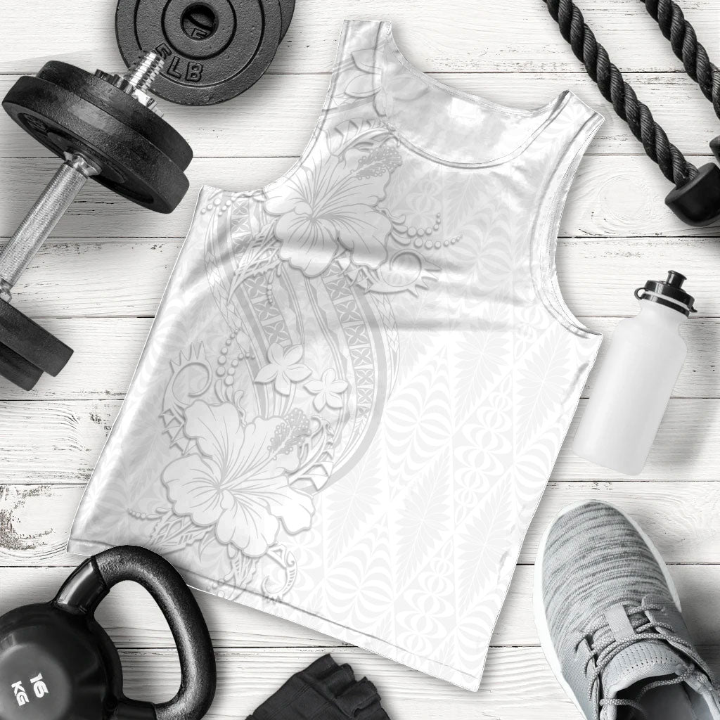 Tokelau White Sunday Men Tank Top Elegant Hibiscus Polynesian Tribal Pattern