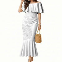Tokelau White Sunday Mermaid Dress Elegant Hibiscus Polynesian Tribal Pattern