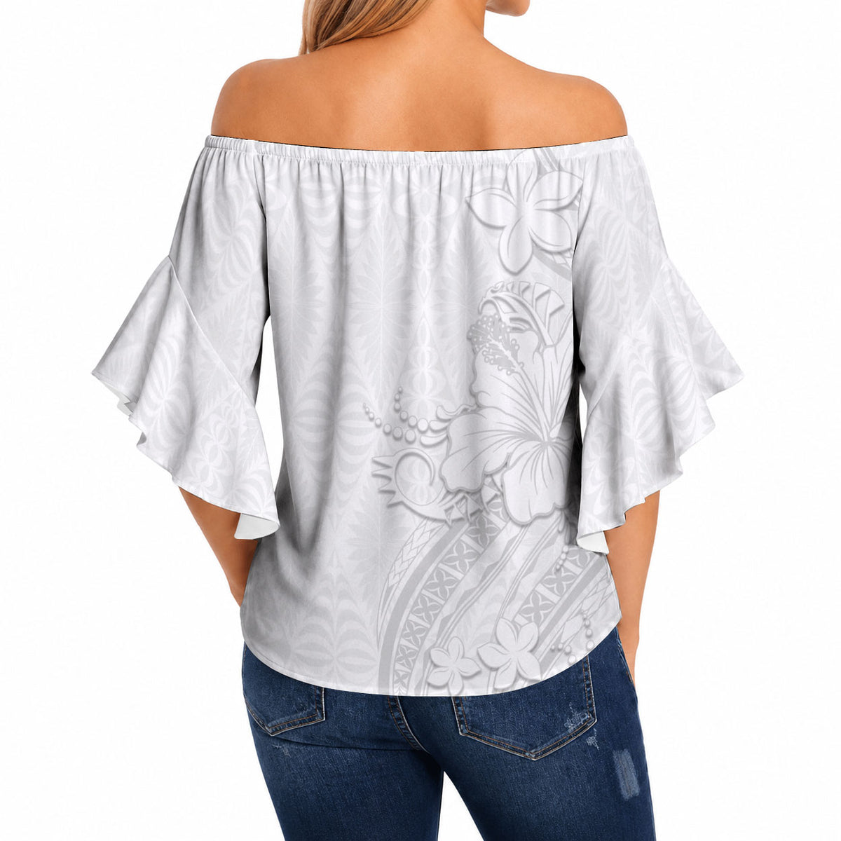 Tokelau White Sunday Off Shoulder Wrap Waist Top Elegant Hibiscus Polynesian Tribal Pattern