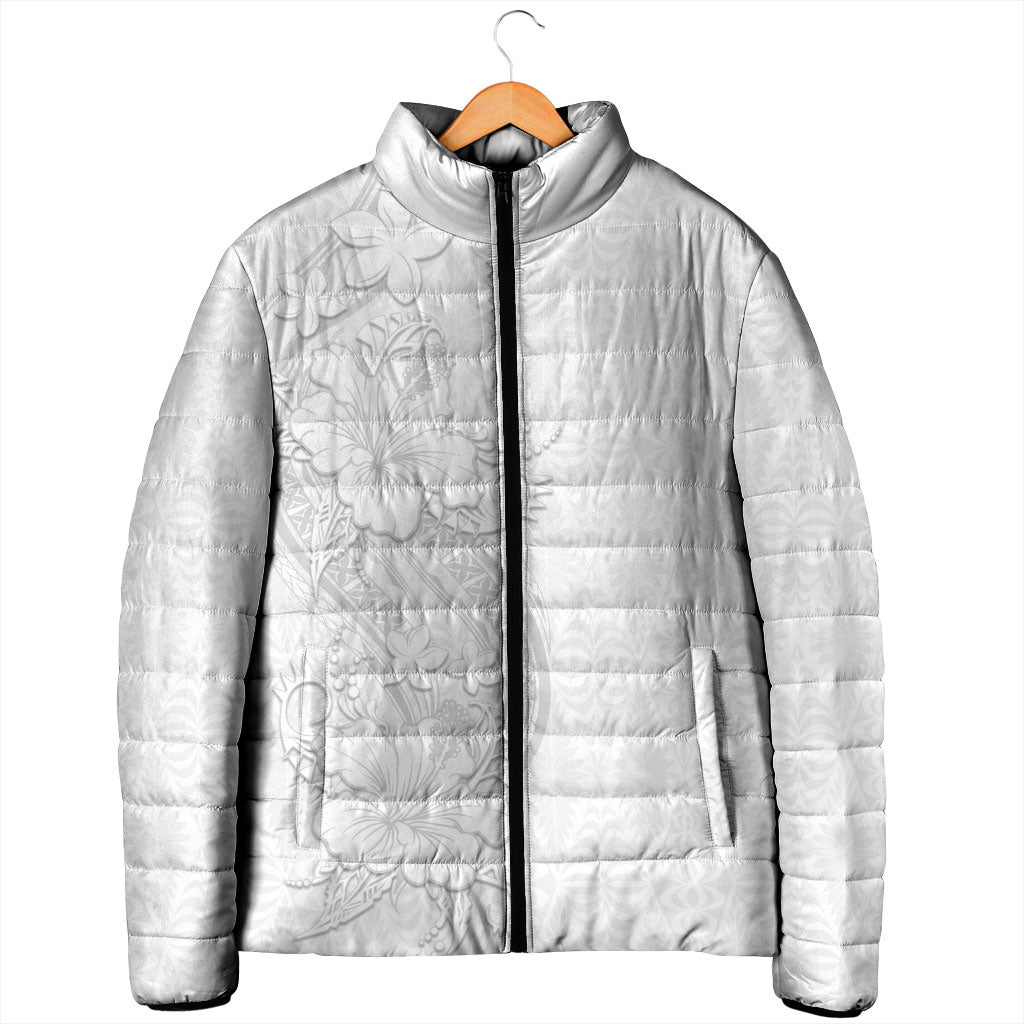 Tokelau White Sunday Padded Jacket Elegant Hibiscus Polynesian Tribal Pattern