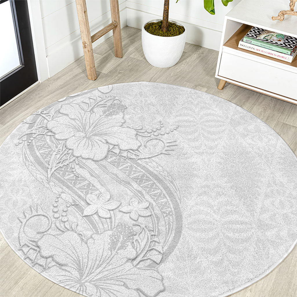 Tokelau White Sunday Round Carpet Elegant Hibiscus Polynesian Tribal Pattern