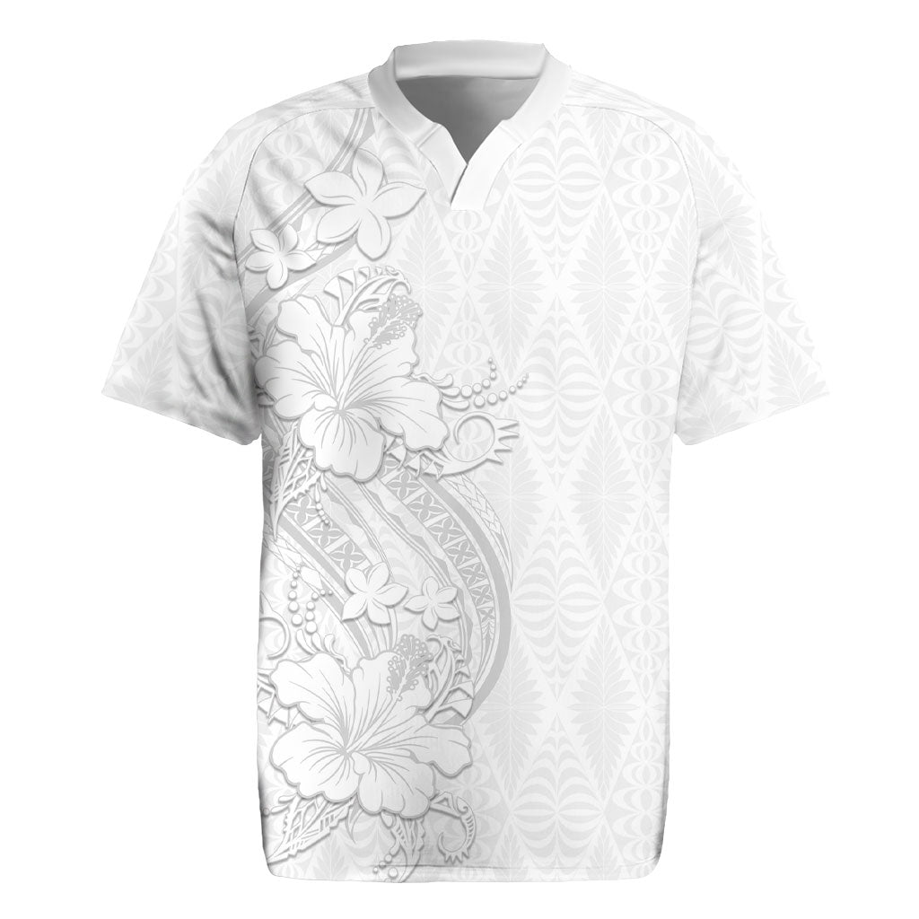 Tokelau White Sunday Rugby Jersey Elegant Hibiscus Polynesian Tribal Pattern