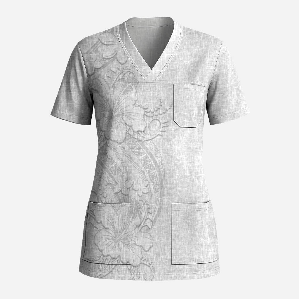 Tokelau White Sunday Scrub Top Elegant Hibiscus Polynesian Tribal Pattern