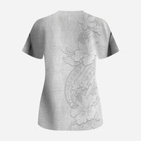 Tokelau White Sunday Scrub Top Elegant Hibiscus Polynesian Tribal Pattern