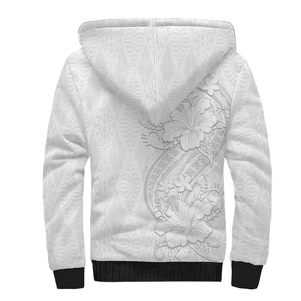 Tokelau White Sunday Sherpa Hoodie Elegant Hibiscus Polynesian Tribal Pattern