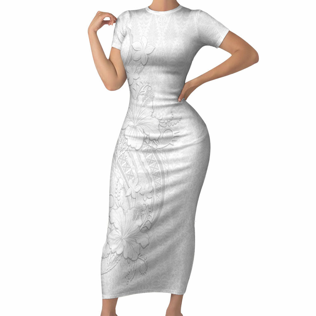 Tokelau White Sunday Short Sleeve Bodycon Dress Elegant Hibiscus Polynesian Tribal Pattern