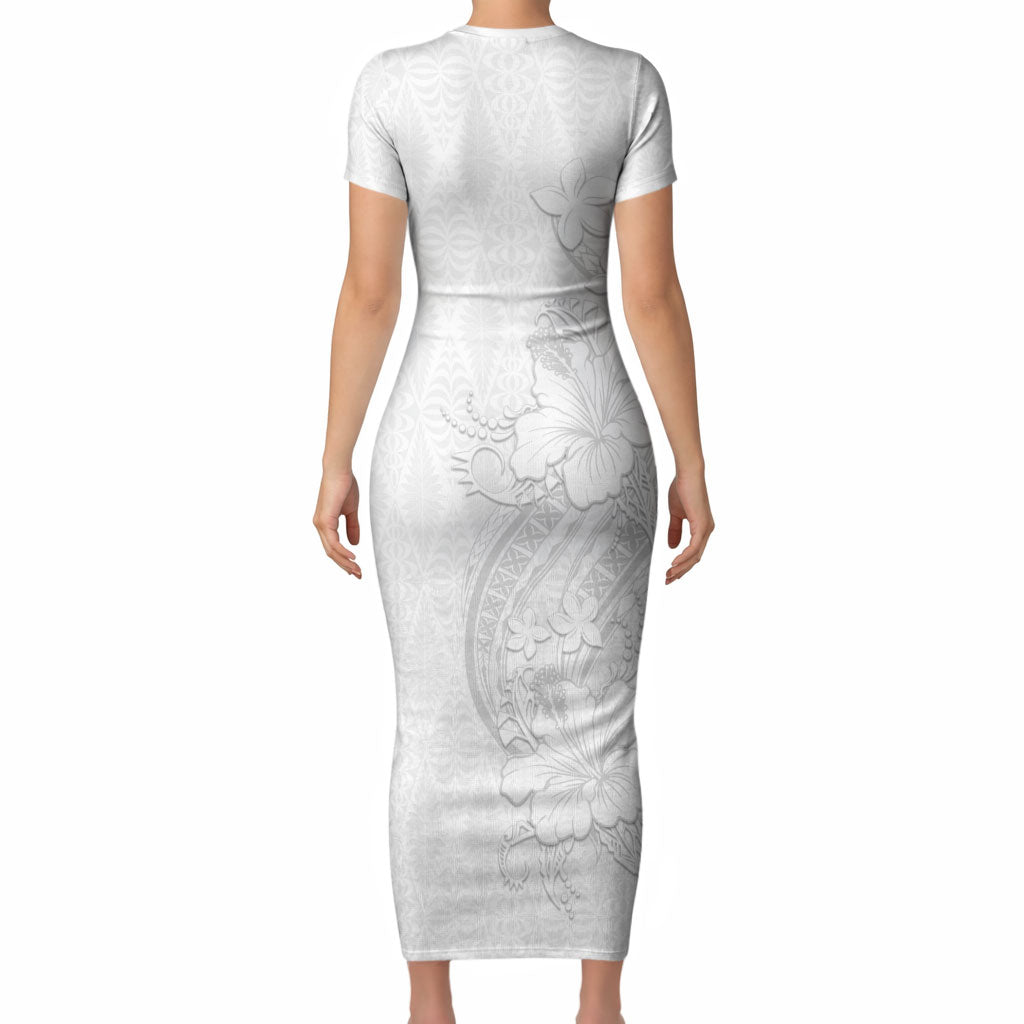 Tokelau White Sunday Short Sleeve Bodycon Dress Elegant Hibiscus Polynesian Tribal Pattern