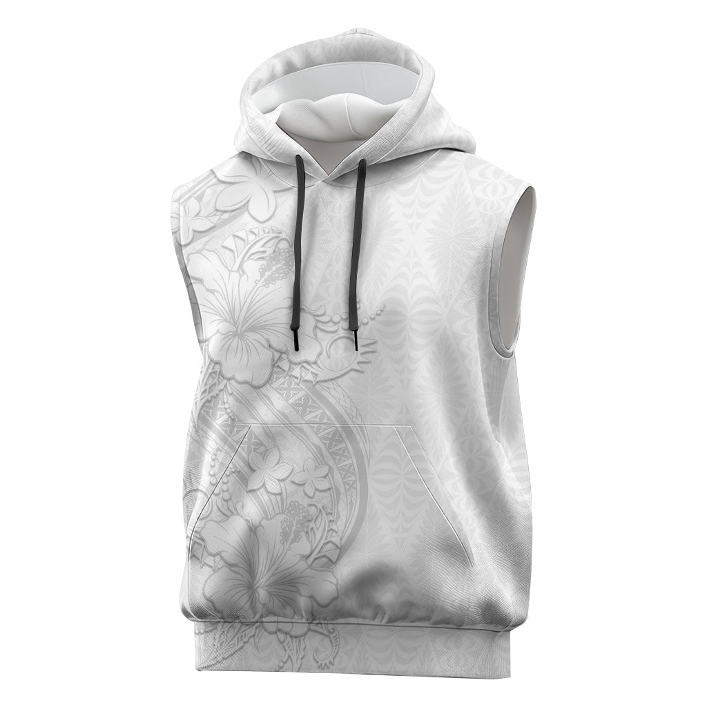 Tokelau White Sunday Sleeveless Hoodie Elegant Hibiscus Polynesian Tribal Pattern