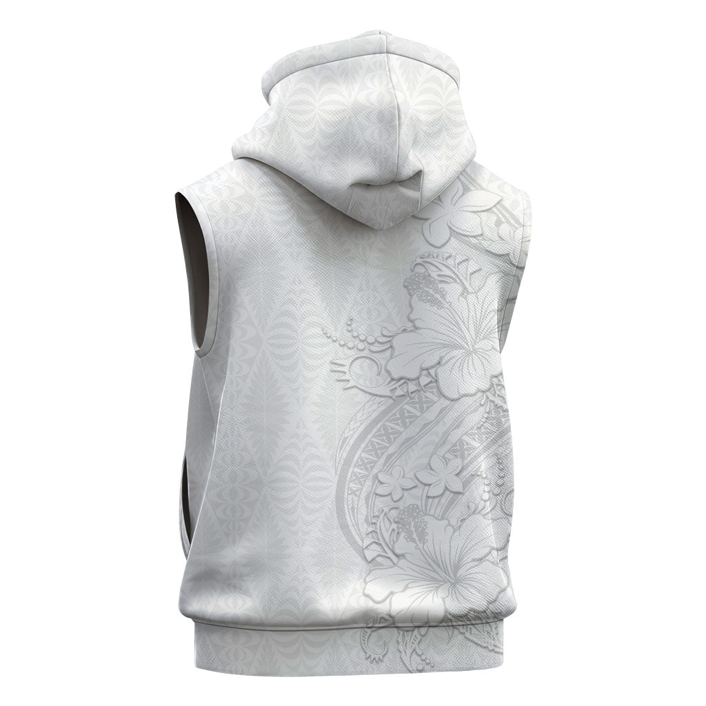 Tokelau White Sunday Sleeveless Zip Hoodie Elegant Hibiscus Polynesian Tribal Pattern