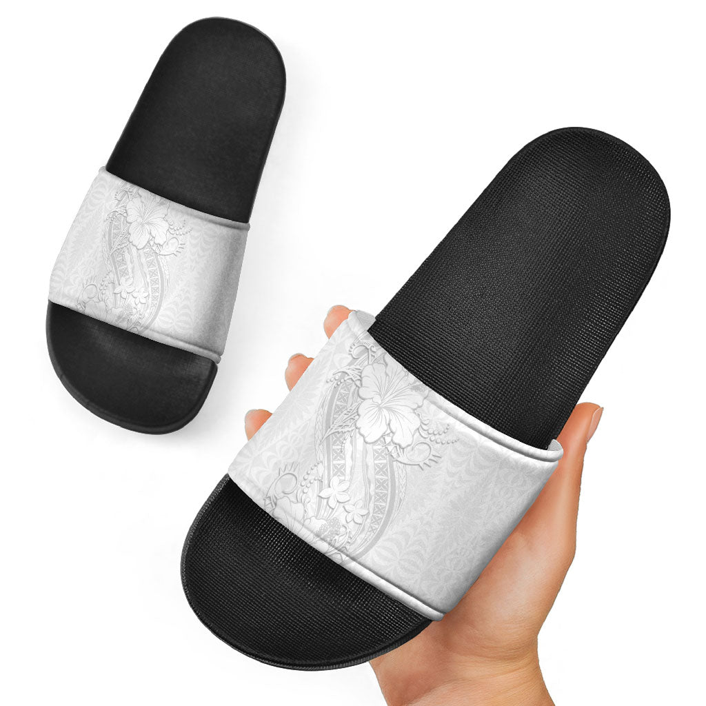 Tokelau White Sunday Slide Sandals Elegant Hibiscus Polynesian Tribal Pattern
