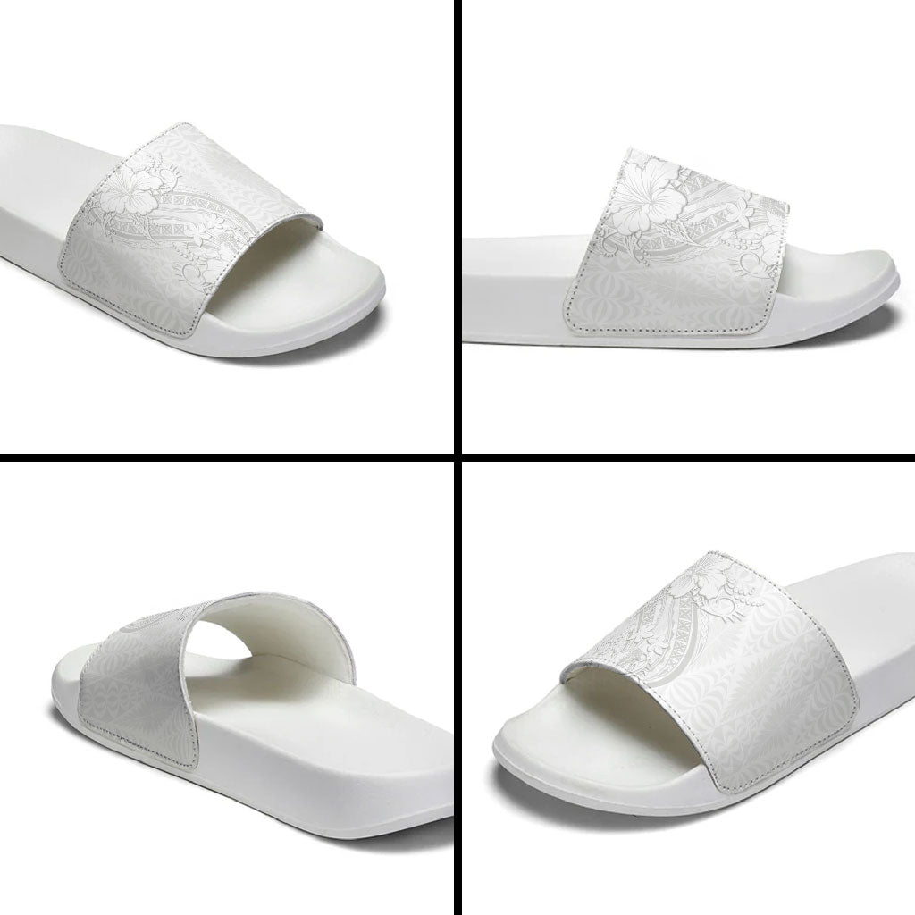 Tokelau White Sunday Slide Sandals Elegant Hibiscus Polynesian Tribal Pattern