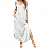 Tokelau White Sunday Summer Maxi Dress Elegant Hibiscus Polynesian Tribal Pattern