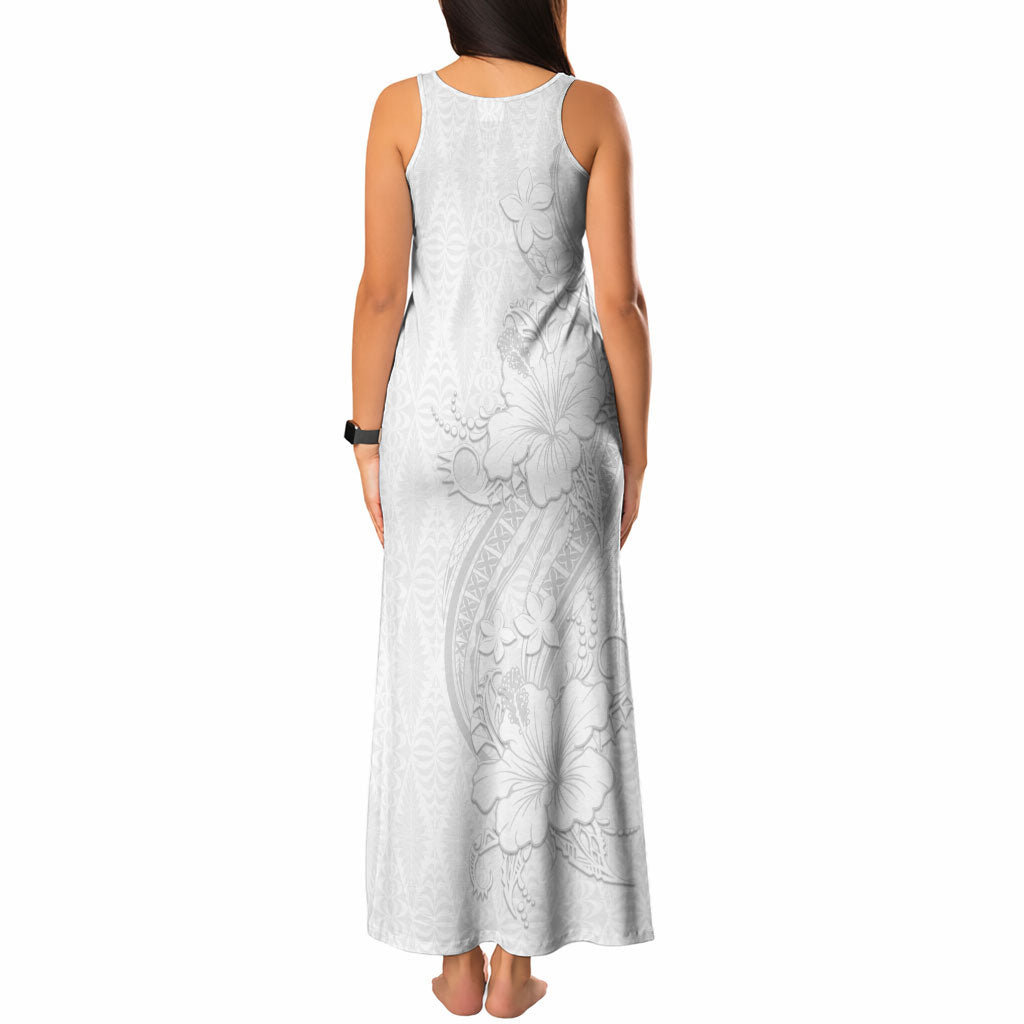 Tokelau White Sunday Tank Maxi Dress Elegant Hibiscus Polynesian Tribal Pattern