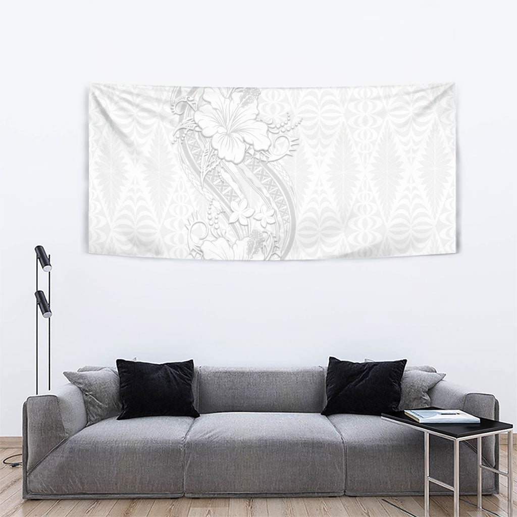 Tokelau White Sunday Tapestry Elegant Hibiscus Polynesian Tribal Pattern