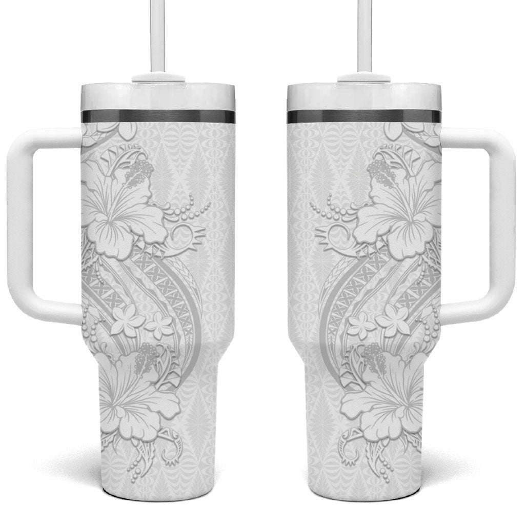 Tokelau White Sunday Tumbler With Handle Elegant Hibiscus Polynesian Tribal Pattern