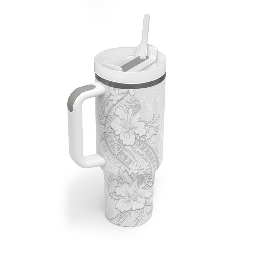 Tokelau White Sunday Tumbler With Handle Elegant Hibiscus Polynesian Tribal Pattern