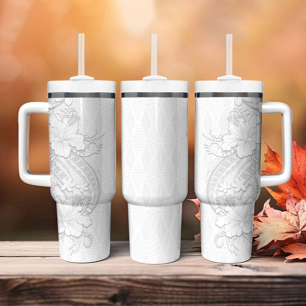 Tokelau White Sunday Tumbler With Handle Elegant Hibiscus Polynesian Tribal Pattern