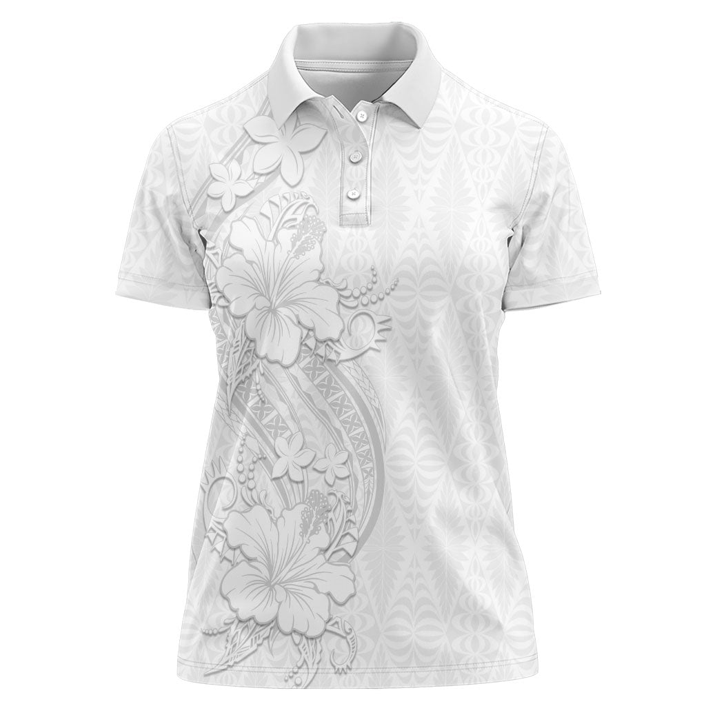 Tokelau White Sunday Women Polo Shirt Elegant Hibiscus Polynesian Tribal Pattern
